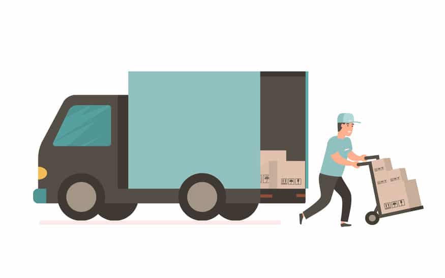 flat vector illustration of hgv lorry driver delivering goods on trolley